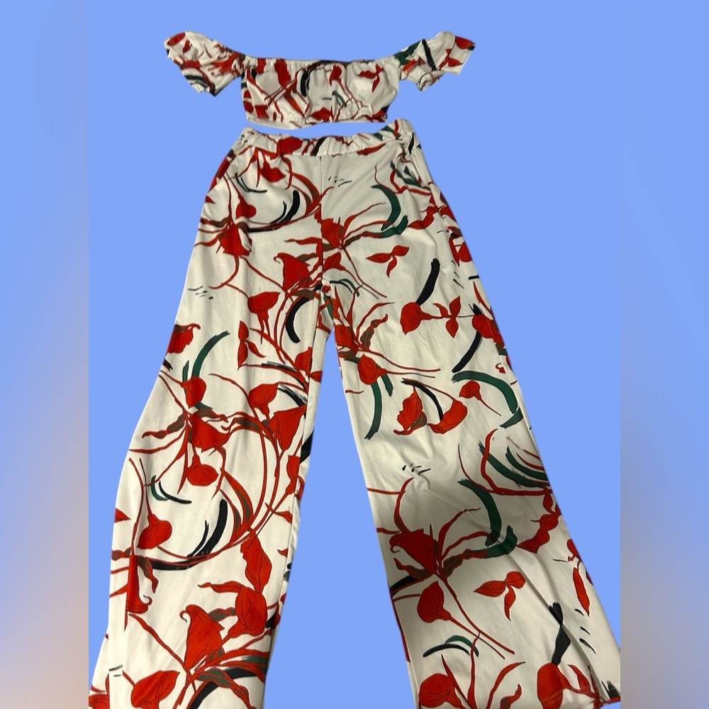 Red and Green Floral Jumpsuit with Wide-Leg Silhouette
